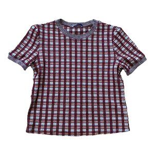 Zara Knit Top Medium Multicolor Check Pattern Stretch Crop Short Sleeves
